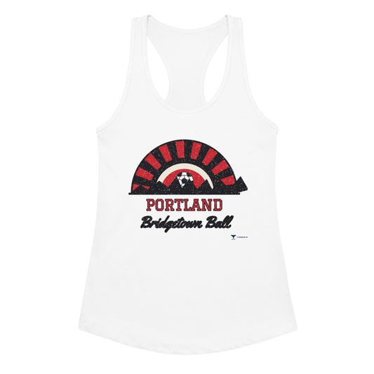 Women's Portland Bridgetown Ball Racerback Tank in white, design printed on the front, front view