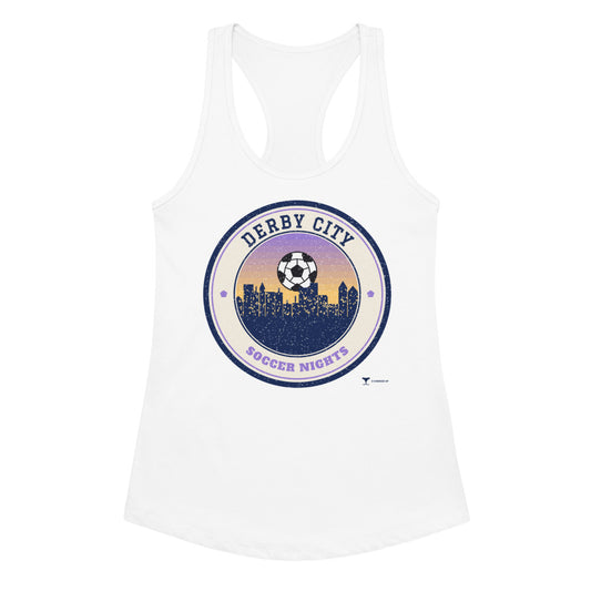 Women's Derby City Soccer Nights Racerback Tank in white, design printed on the front, front view
