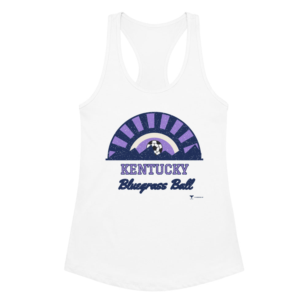 Women's Kentucky Bluegrass Ball Racerback Tank in white, design printed on the front, front view