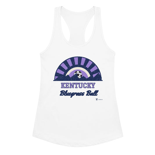 Women's Kentucky Bluegrass Ball Racerback Tank in white, design printed on the front, front view