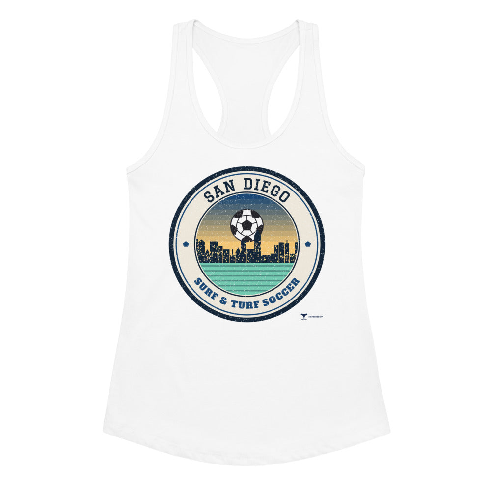 Women's San Diego Surf & Turf Soccer Racerback Tank in white, design printed on the front, front view