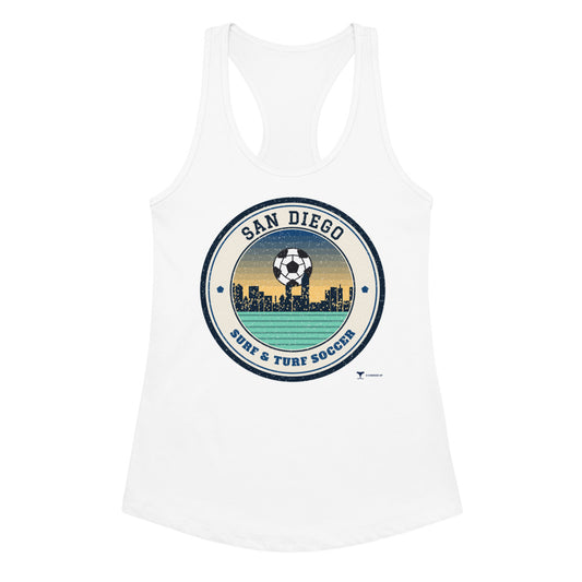 Women's San Diego Surf & Turf Soccer Racerback Tank in white, design printed on the front, front view