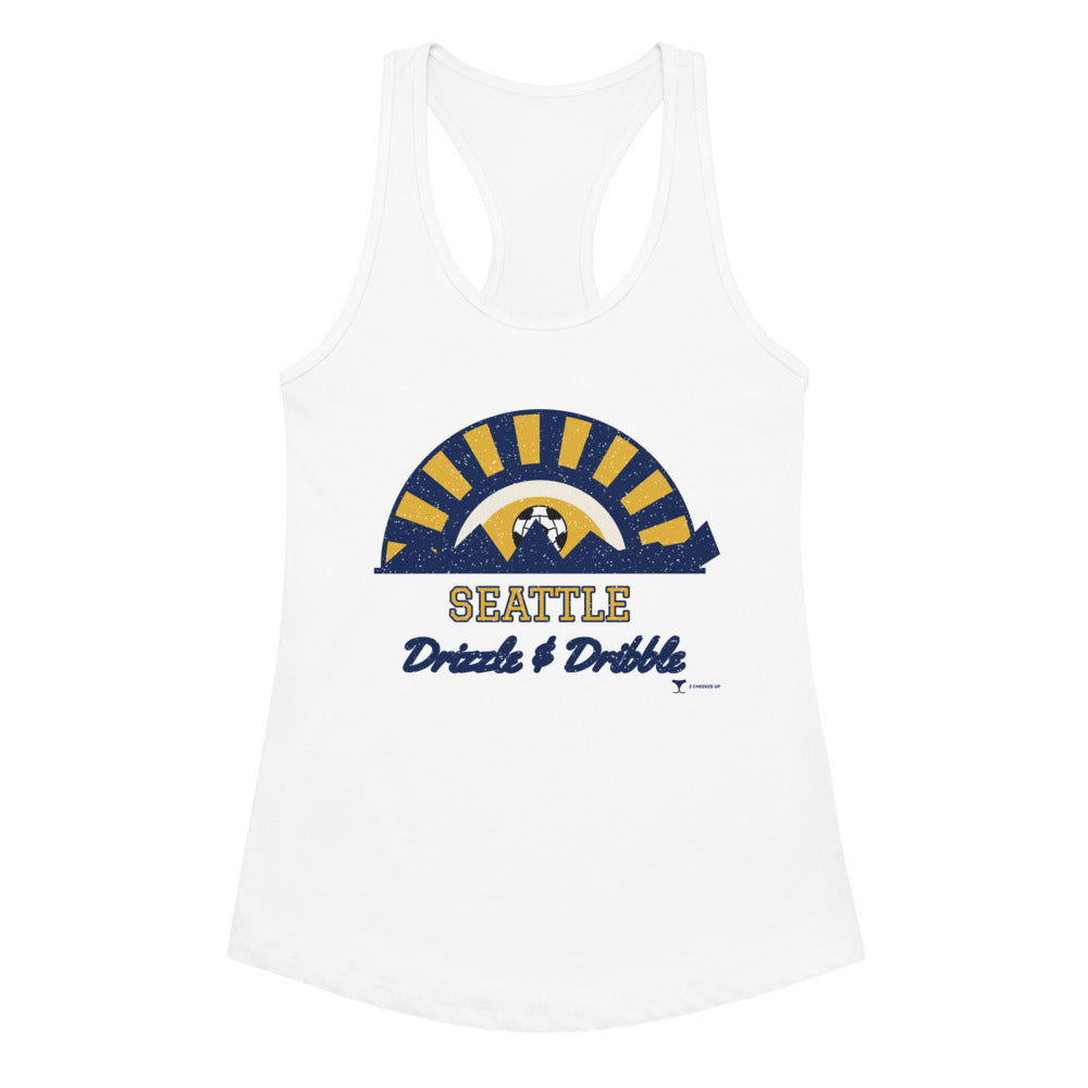 Women's Seattle Drizzle & Dribble Racerback Tank in white, design printed on the front, front view