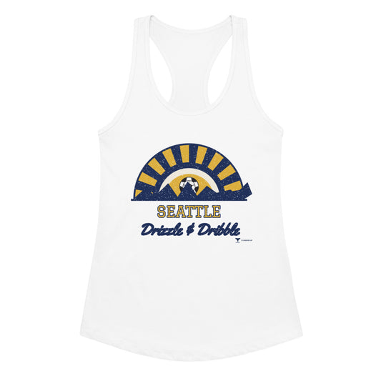 Women's Seattle Drizzle & Dribble Racerback Tank in white, design printed on the front, front view