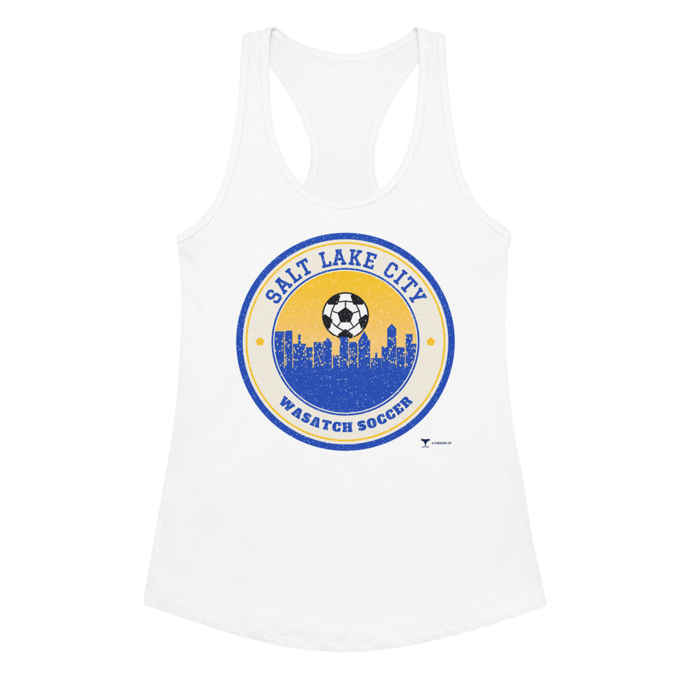 Women's Salt Lake City Wasatch Soccer Racerback Tank in white, design printed on the front, front view