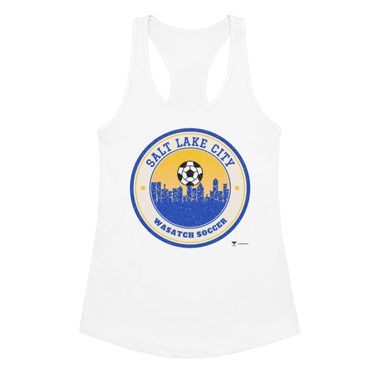 Women's Salt Lake City Wasatch Soccer Racerback Tank in white, design printed on the front, front view