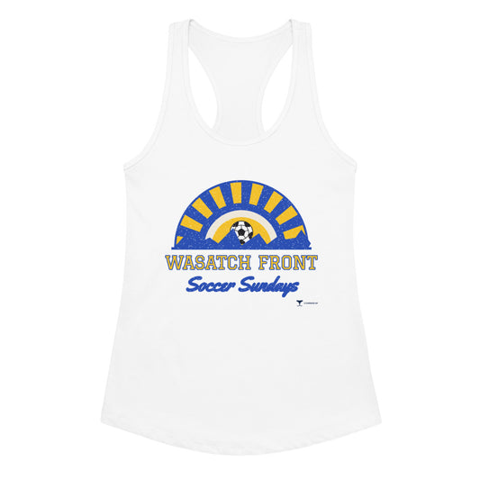Women's Wasatch Front Soccer Sundays Racerback Tank in white, design printed on the front, front view