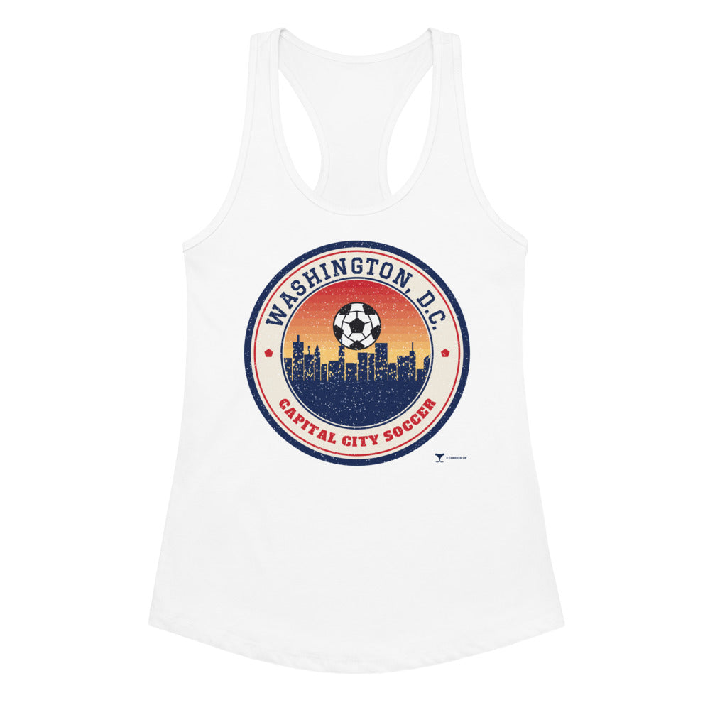 Women's Washington, D.C. Capital City Soccer Racerback Tank in white, design printed on the front, front view