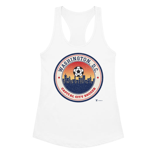 Women's Washington, D.C. Capital City Soccer Racerback Tank in white, design printed on the front, front view