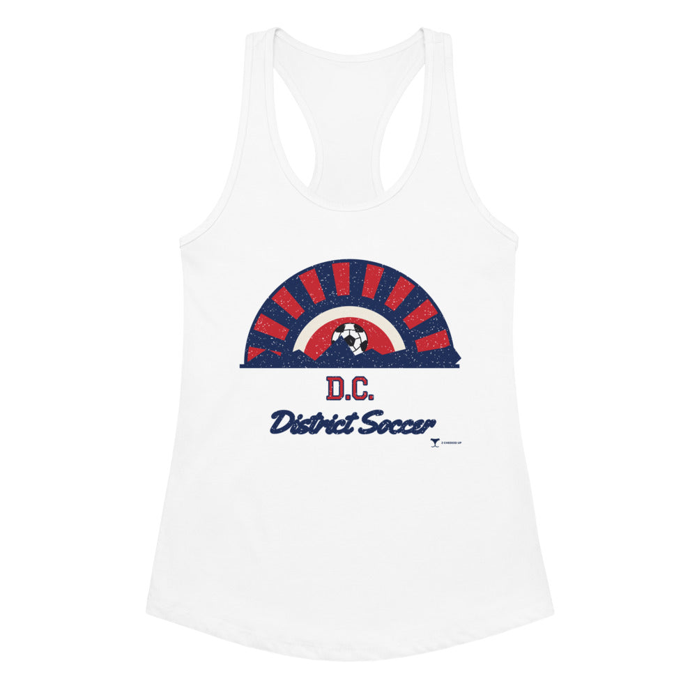 Women's D.C. District Soccer Racerback Tank in white, design printed on the front, front view