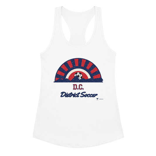 Women's D.C. District Soccer Racerback Tank in white, design printed on the front, front view