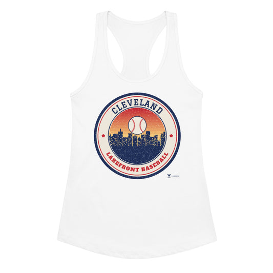 Women's Cleveland Lakefront Baseball Racerback Tank in white, design printed on the front, front view