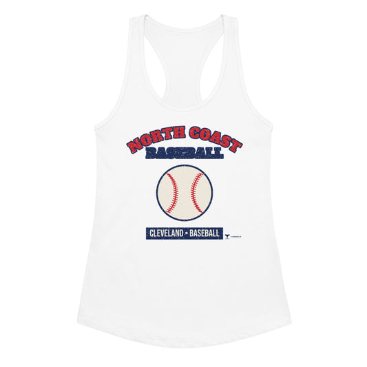 Women's North Coast Baseball Cleveland Racerback Tank in white, design printed on the front, front view