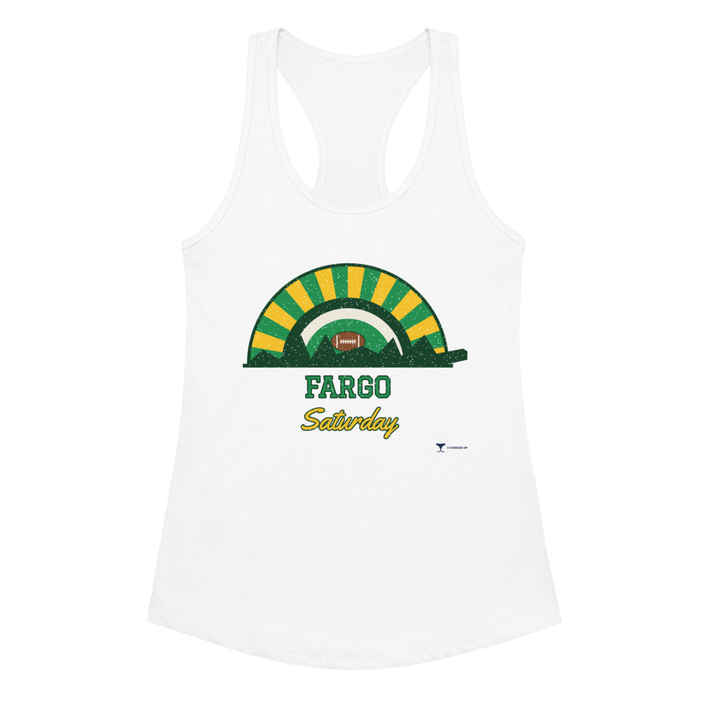 Women's Fargo Saturday Racerback Tank in white, design printed on the front, front view