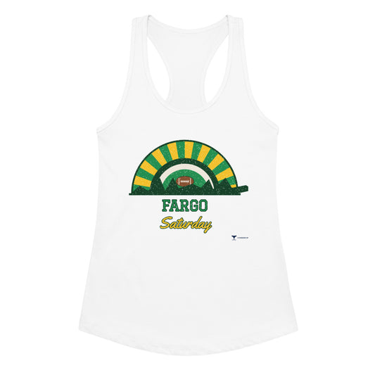 Women's Fargo Saturday Racerback Tank in white, design printed on the front, front view