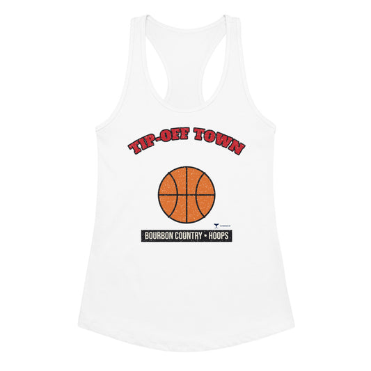Women's Bourbon Country Tip-Off Town Racerback Tank in white, design printed on the front, front view