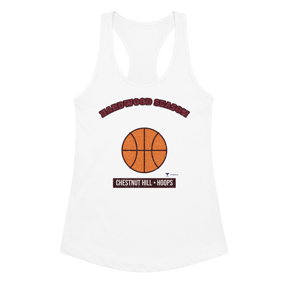 Women's Chestnut Hill Hardwood Season Racerback Tank in white, design printed on the front, front view