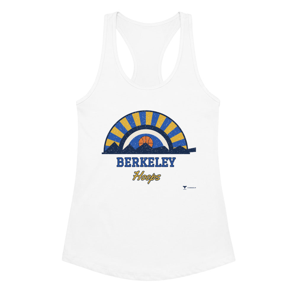 Women's Berkeley Hoops Racerback Tank in white, design printed on the front, front view