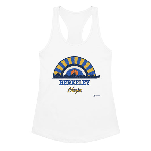 Women's Berkeley Hoops Racerback Tank in white, design printed on the front, front view