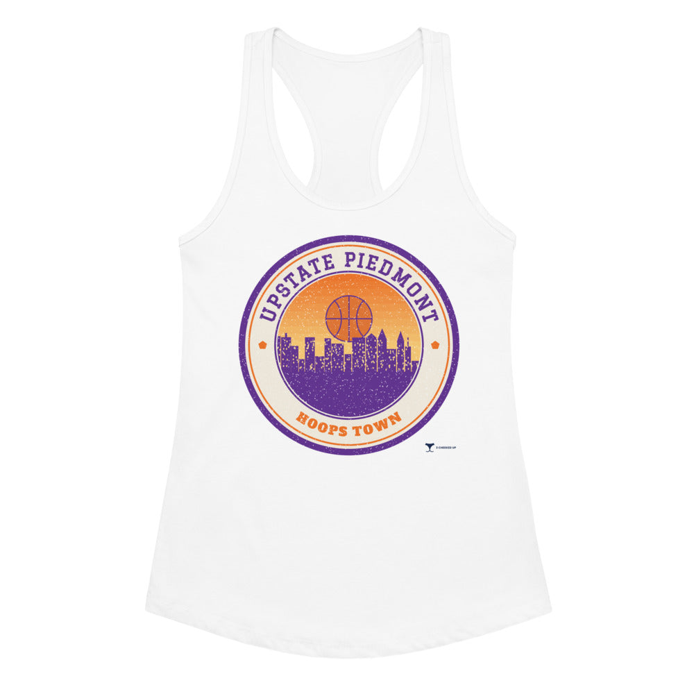 Women's Upstate Piedmont Hoops Town Racerback Tank in white, design printed on the front, front view