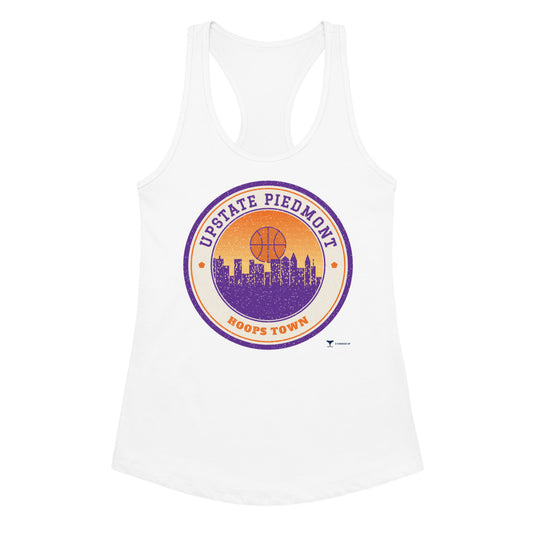 Women's Upstate Piedmont Hoops Town Racerback Tank in white, design printed on the front, front view