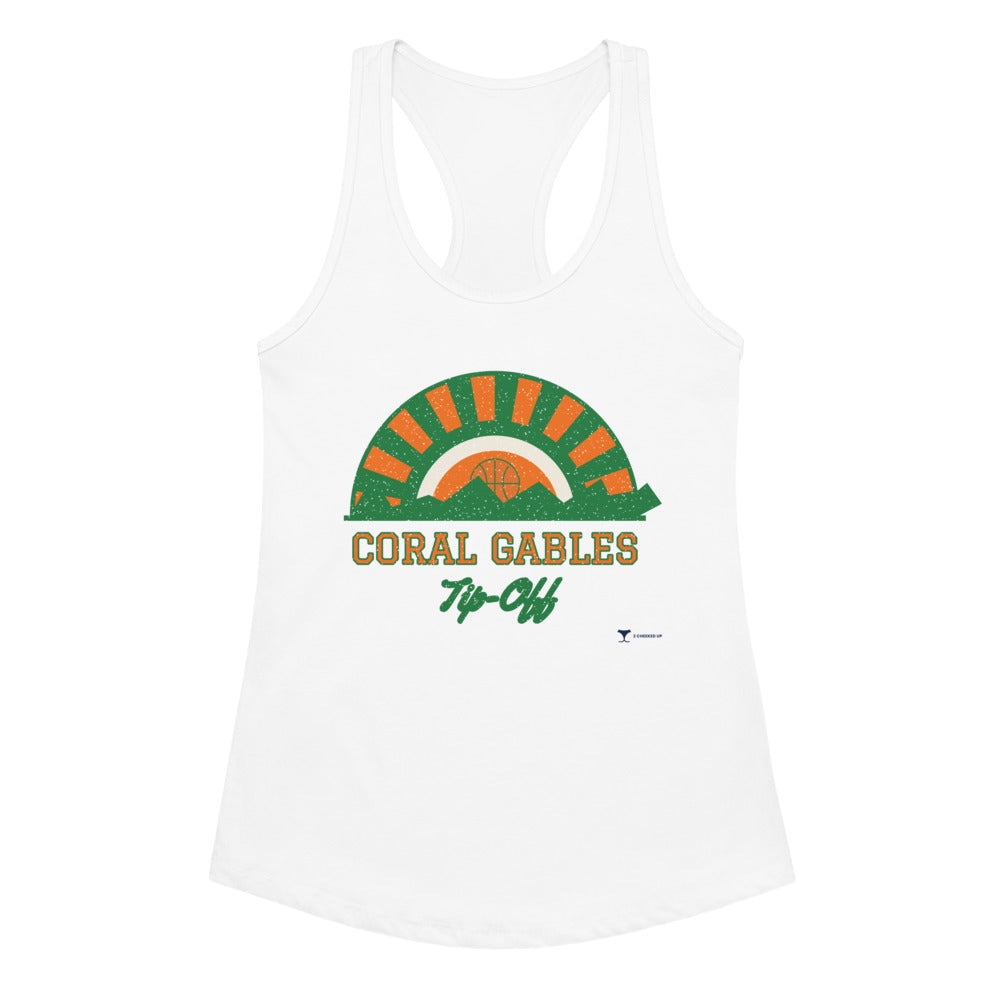 Women's Coral Gables Tip-Off Racerback Tank in white, design printed on the front, front view