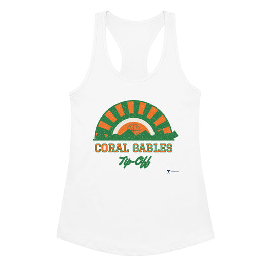 Women's Coral Gables Tip-Off Racerback Tank in white, design printed on the front, front view