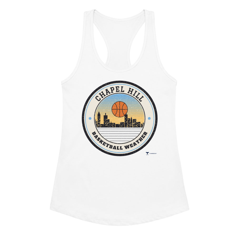 Women's Chapel Hill Basketball Weather Racerback Tank in white, design printed on the front, front view