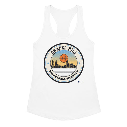 Women's Chapel Hill Basketball Weather Racerback Tank in white, design printed on the front, front view