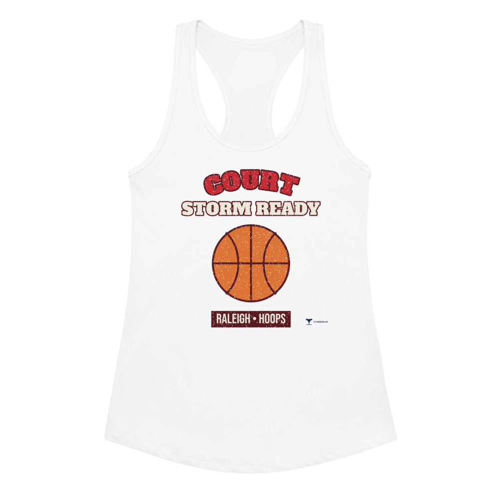 Women's Raleigh Court Storm Ready Racerback Tank in white, design printed on the front, front view