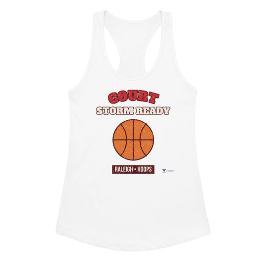 Women's Raleigh Court Storm Ready Racerback Tank in white, design printed on the front, front view