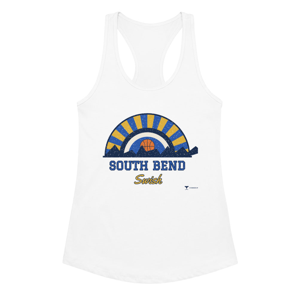 Women's South Bend Swish Racerback Tank in white, design printed on the front, front view