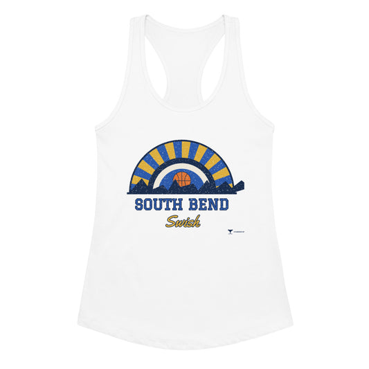 Women's South Bend Swish Racerback Tank in white, design printed on the front, front view