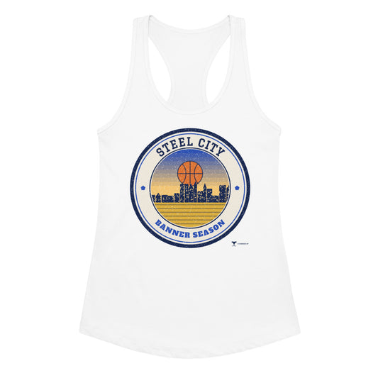 Women's Steel City Banner Season Racerback Tank in white, design printed on the front, front view