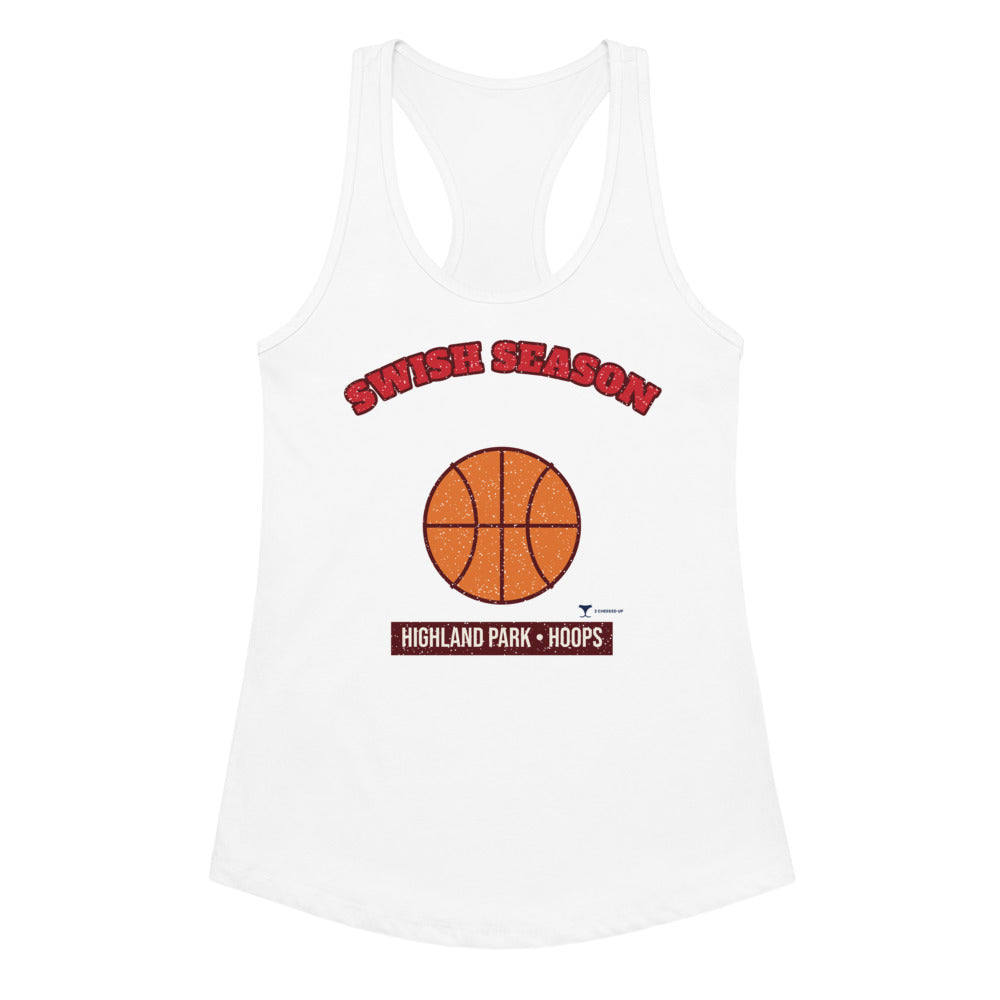 Women's Highland Park Swish Season Racerback Tank in white, design printed on the front, front view