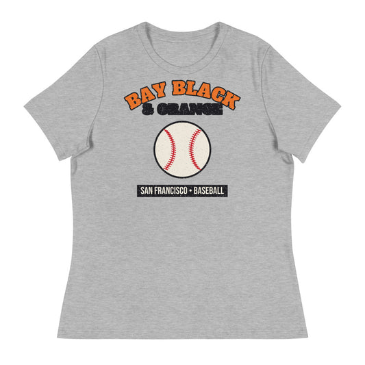 Women's Bay Black & Orange Baseball Tee in athletic heather, front