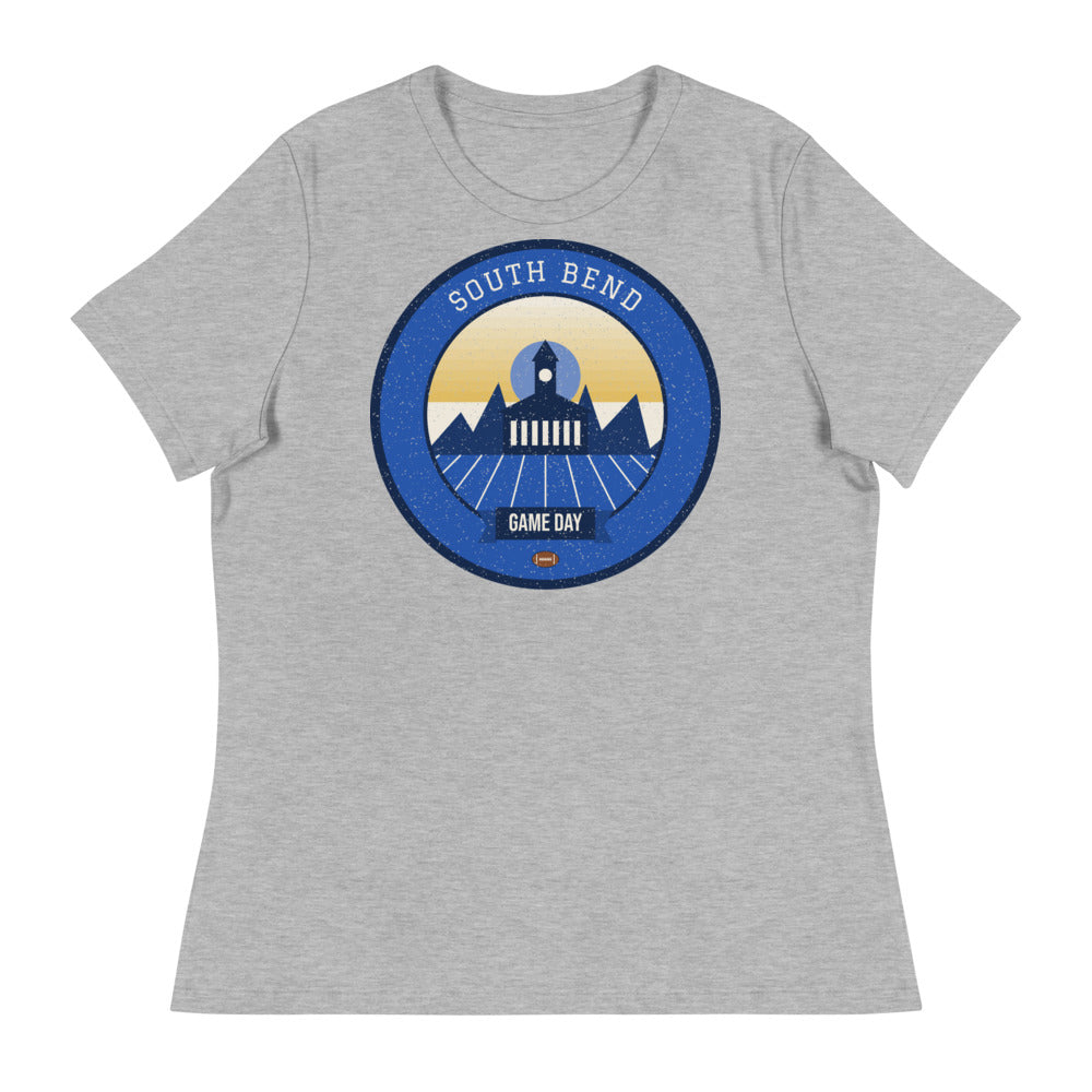 Women's Blue & Gold Basilica Game Day Tee in athletic heather, front