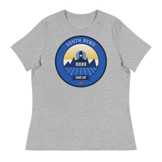 Women's Blue & Gold Basilica Game Day Tee in athletic heather, front