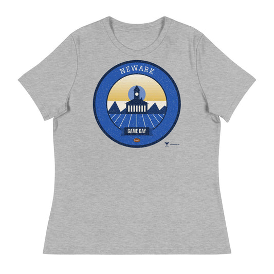 Women's Blue & Gold Colonial Brick Game Day Tee in athletic heather, front