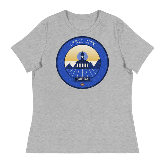 Women's Blue & Gold Steel City Game Day Tee in athletic heather, front
