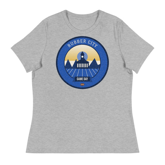 Women's Blue & Gold Rubber City Game Day Tee in athletic heather, front