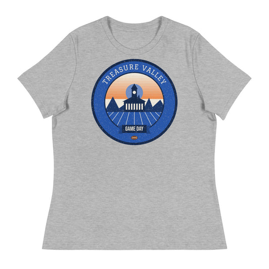 Women's Blue & Orange Treasure Valley Game Day Tee in athletic heather, front