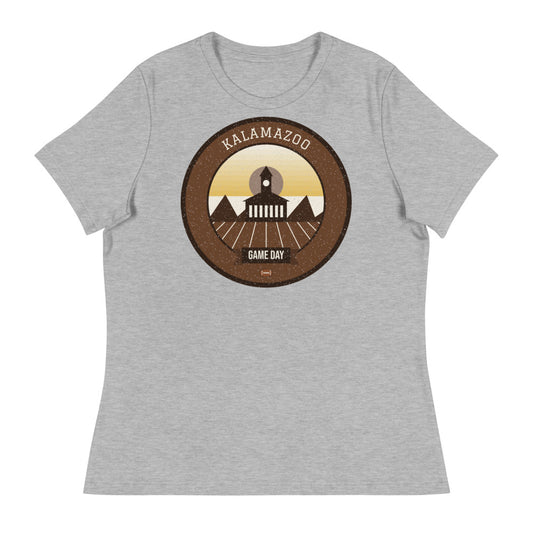 Women's Brown & Gold Kalamazoo Game Day Tee in athletic heather, front