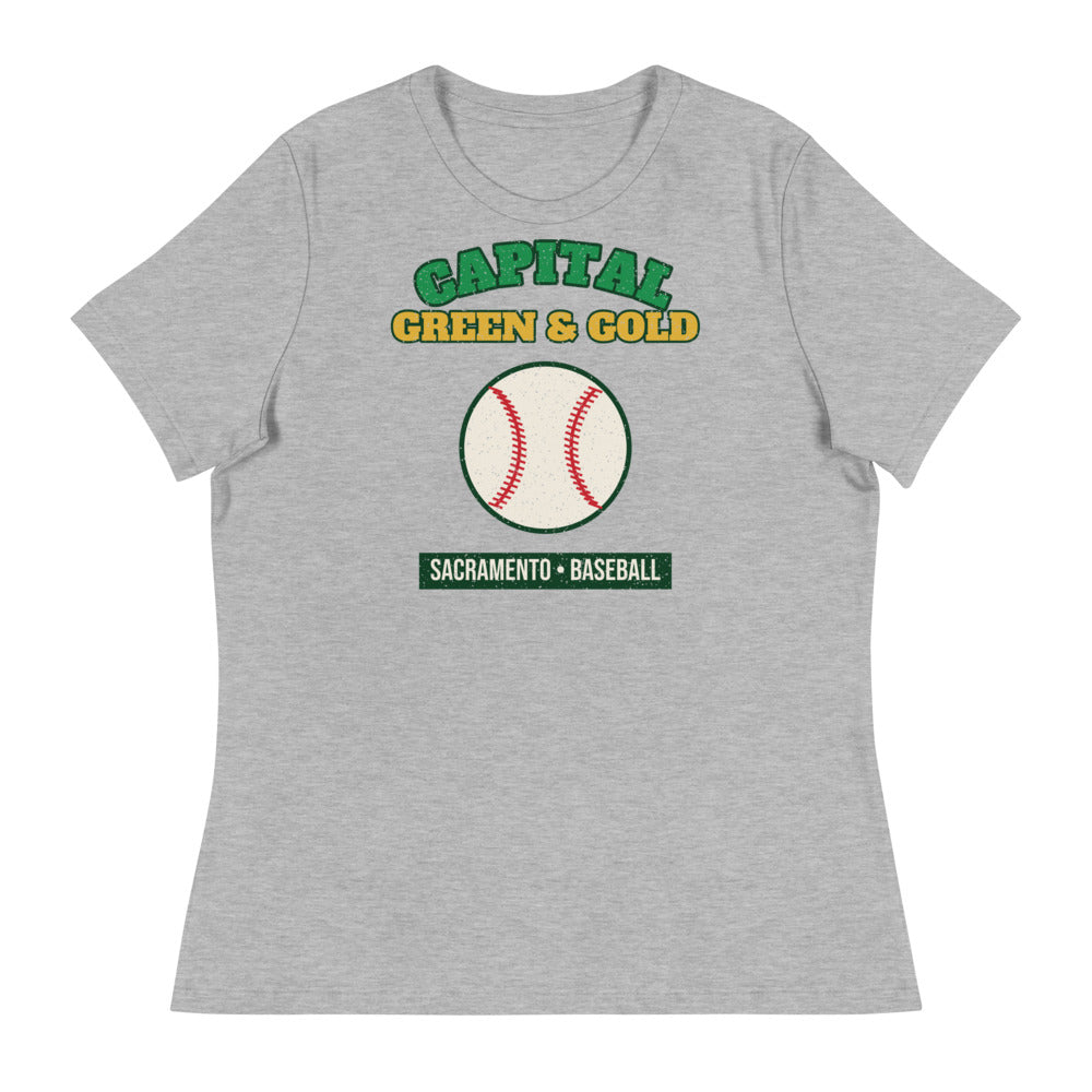 Women's Capital Green & Gold Baseball Tee in athletic heather, front
