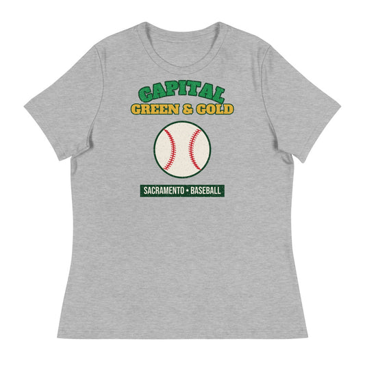 Women's Capital Green & Gold Baseball Tee in athletic heather, front