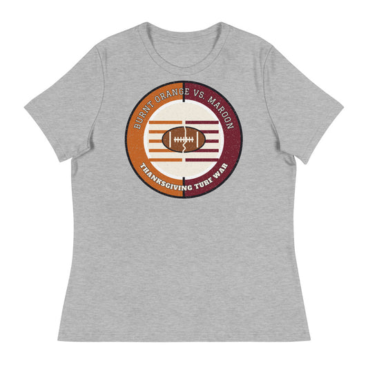 Women's Burnt Orange vs Maroon Thanksgiving Turf War Football Tee in athletic heather, front