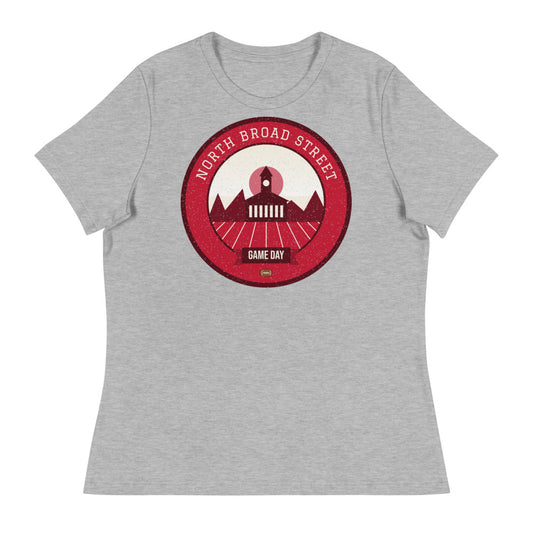 Women's Cherry & White Row House Game Day Tee in athletic heather, front