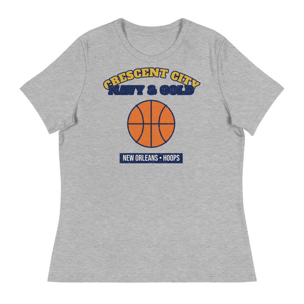 Women's Crescent City Navy & Gold Hoops Tee in athletic heather, front