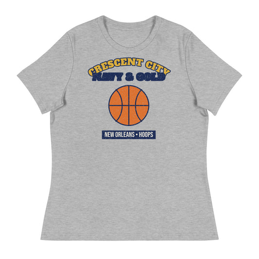 Women's Crescent City Navy & Gold Hoops Tee in athletic heather, front