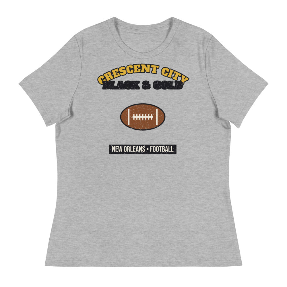 Women's Crescent City Black & Gold Football Tee in athletic heather, front